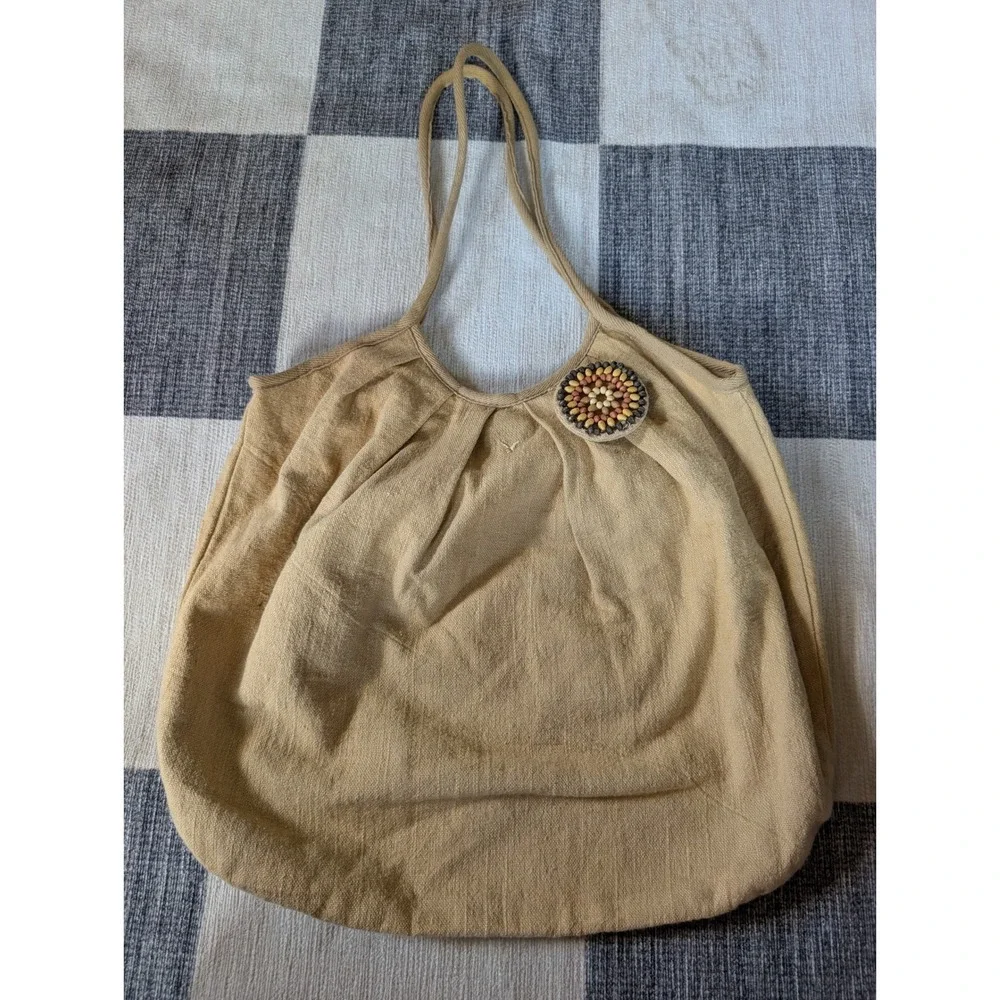 American Eagle Tan Canvas Hobo Beaded Pleated Boho Tote Slouchy Shoulder Bag Y2K